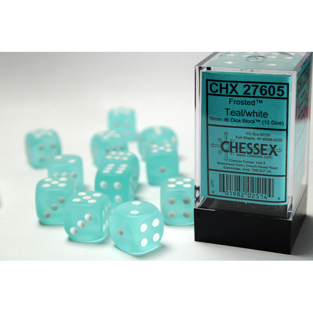 CHX 27605 Frosted Teal/white 16mm d6 Dice Block (12 dice)