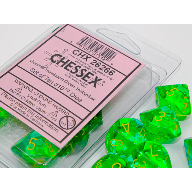 CHX 26266 Gemini Translucent Green-Teal/yellow Set of 10 d10s