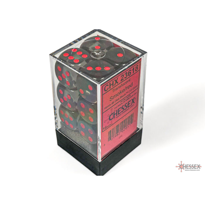CHX 23618 Translucent Smoke/red 16mm d6 Dice Block (12 dice)