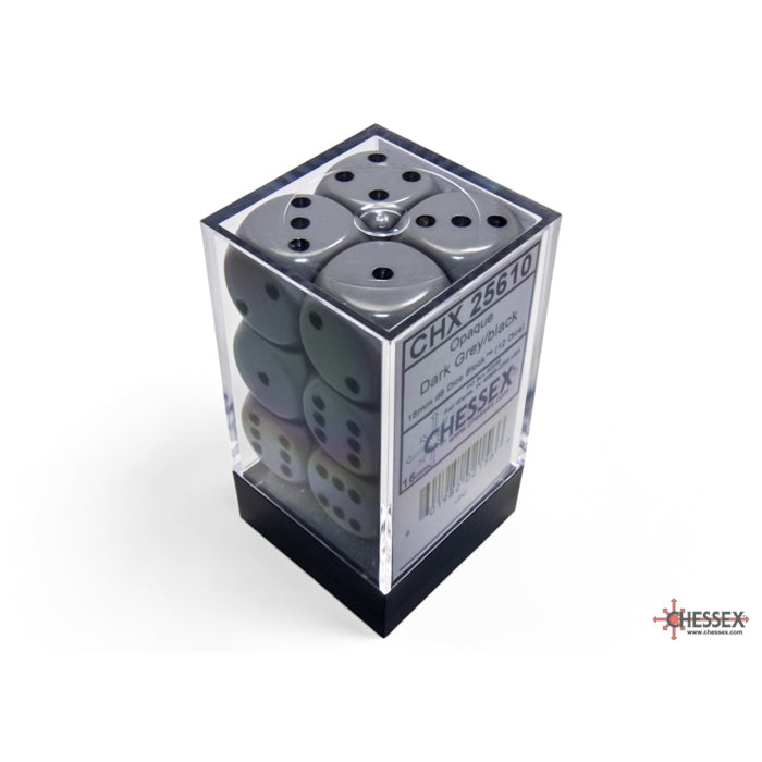 CHX 25610 Opaque Grey/black 16mm d6 Dice Block (12 dice)