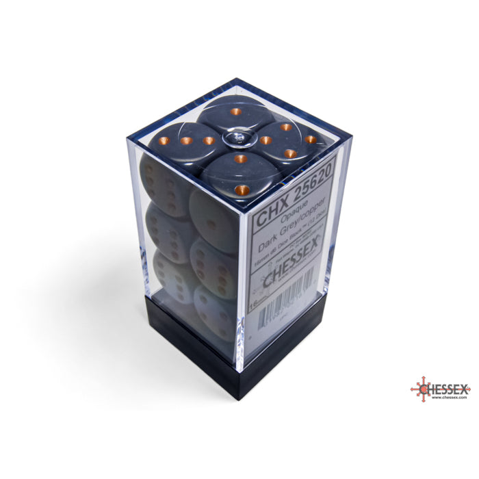 CHX 25620 Opaque Dark Grey/copper 16mm d6 Dice Block (12 dice)