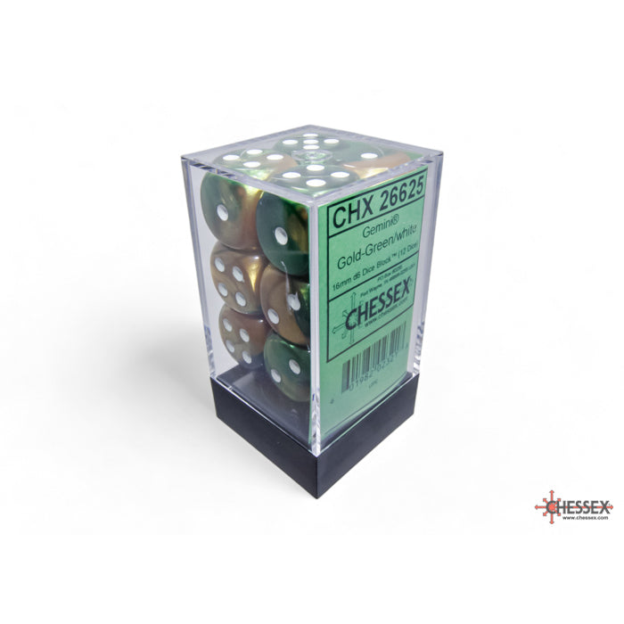 CHX 26625 Gemini Gold-Green/white 16mm d6 Dice Block (12 dice)