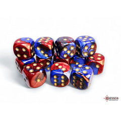 CHX 26629 Gemini Blue-Red/gold 16mm d6 Dice Block (12 dice)-1