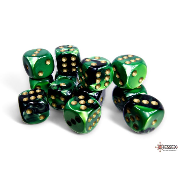 CHX 26639 Gemini Black-Green/gold 16mm d6 Dice Block (12 dice)