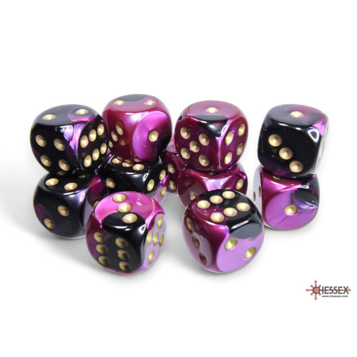 CHX 26640 Gemini Black-Purple/gold 16mm d6 Dice Block (12 dice)-1