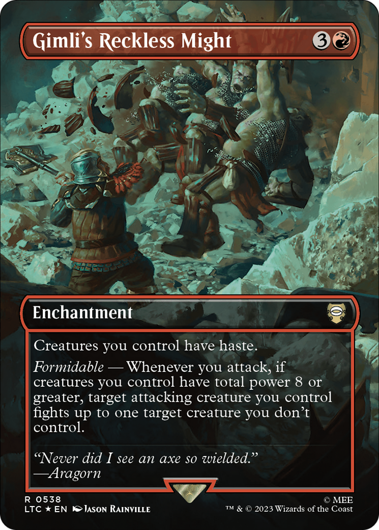 Gimli's Reckless Might (Borderless) (Surge Foil) [The Lord of the Rings: Tales of Middle-Earth Commander]-1