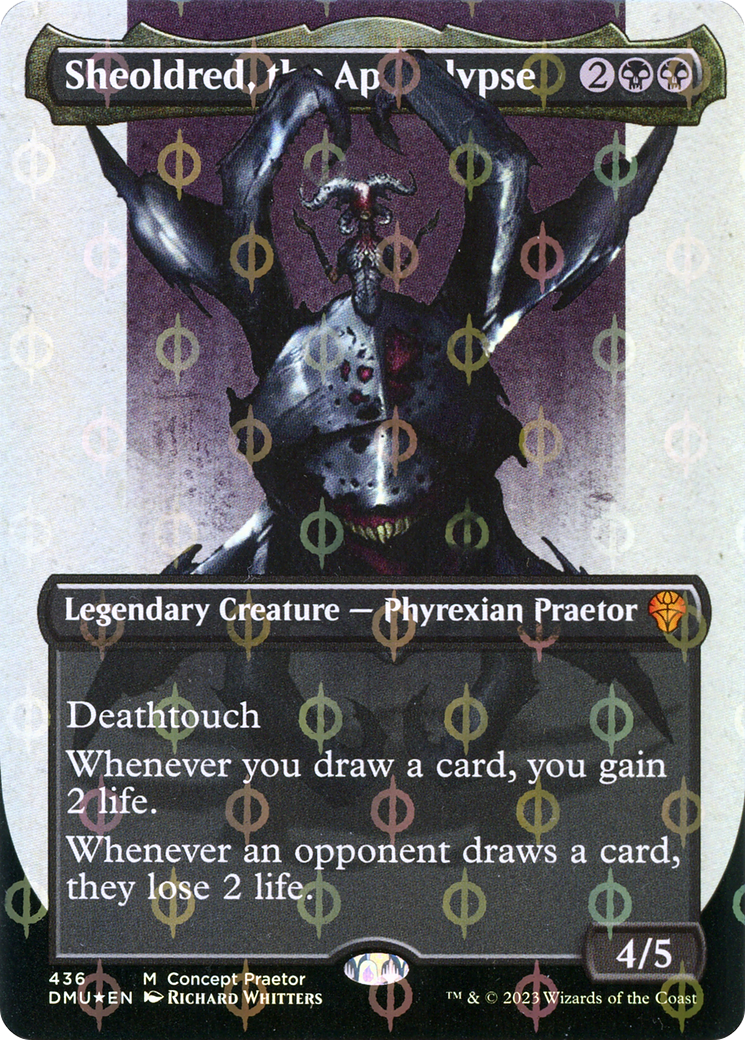 Sheoldred, the Apocalypse (Borderless Concept Praetors Step-and-Compleat Foil) [Phyrexia: All Will Be One]-1