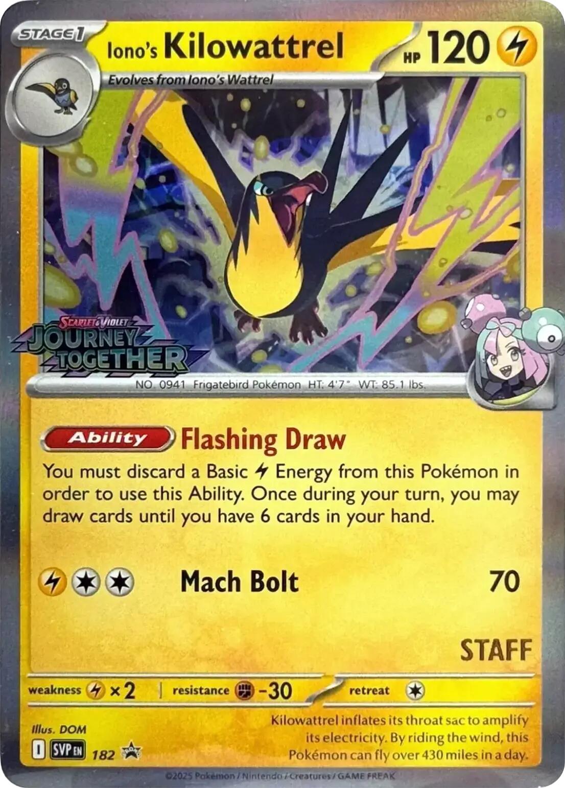 Iono's Kilowattrel (182) (Prerelease Staff) [Scarlet & Violet: Black Star Promos]-1