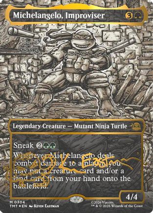 Michelangelo, Improviser (Borderless) (Gold-Stamped Signature) (TMT-304) - Teenage Mutant Ninja Turtles Foil-1
