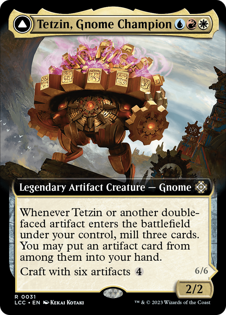 Tetzin, Gnome Champion // The Golden-Gear Colossus (Extended Art) [The Lost Caverns of Ixalan Commander]-1