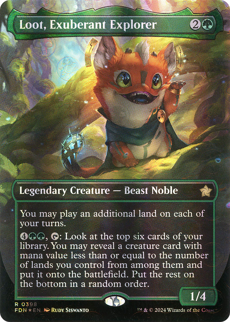 Loot, Exuberant Explorer (Borderless) (Mana Foil) [Foundations]-1