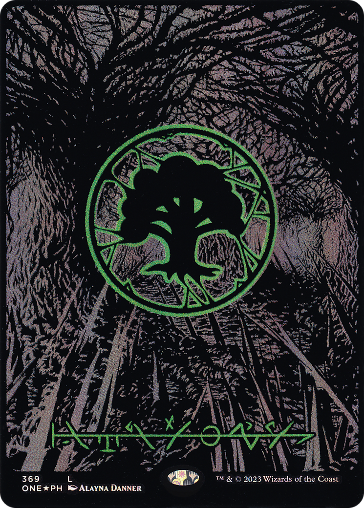 Forest (369) (Oil Slick Raised Foil) [Phyrexia: All Will Be One]-1