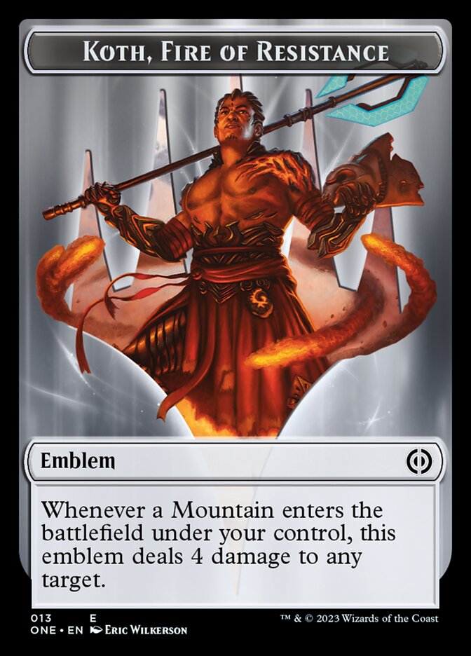 Phyrexian Mite (011) // Koth, Fire of Resistance Emblem Double-Sided Token [Phyrexia: All Will Be One Tokens]-4