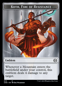 Rebel // Koth, Fire of Resistance Emblem Double-Sided Token [Phyrexia: All Will Be One Tokens]-4