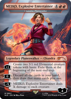 Chandra, Flamecaller (SLD-807) - Secret Lair Drop / MEIKO, Explosive Entertainer (Borderless)-1