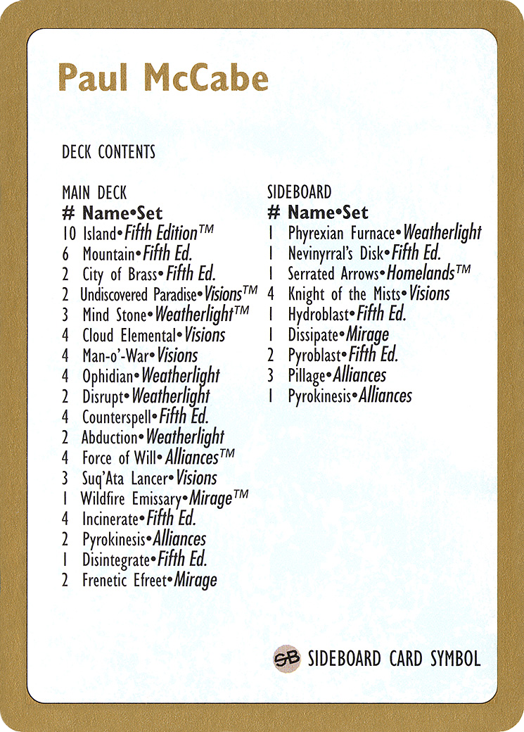 1997 Paul McCabe Decklist Card (WCD-) - World Championship Decks 1997-1