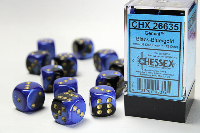 CHX 26635 D6 Gemini 16mm d6 Black-Blue/gold Dice Block (12 dice)