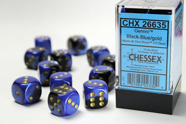 CHX D6 Gemini 16mm d6 Black-Blue/gold Dice Block (12 dice)