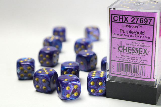 CHX D6 Lustrous 16mm d6 Purple/gold Dice Block (12 dice)