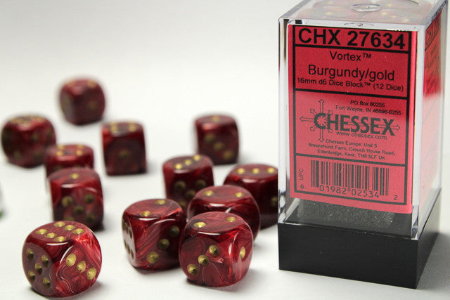 CHX D6 Vortex 16mm d6 Burgundy/gold Dice Block (12 dice)-1