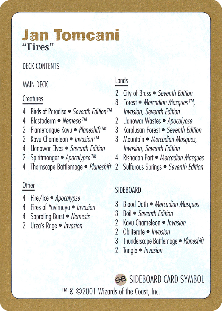 2001 Jan Tomcani Decklist Card (WCD-) - World Championship Decks 2001-1