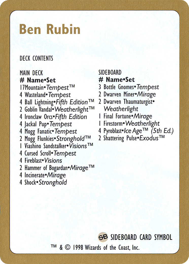1998 Ben Rubin Decklist Card (WCD-) - World Championship Decks 1998-1