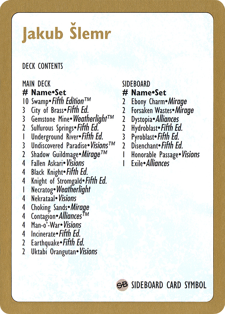 1997 Jakub Slemr Decklist Card (WCD-) - World Championship Decks 1997-1