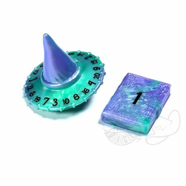 PolyHero Dice - Wizard d20 Wizard Hat and d2 Spellbook in Aether Mist