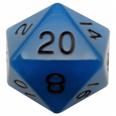 35mm Mega Acrylic d20 Dice: Glow Blue with Black Numbers