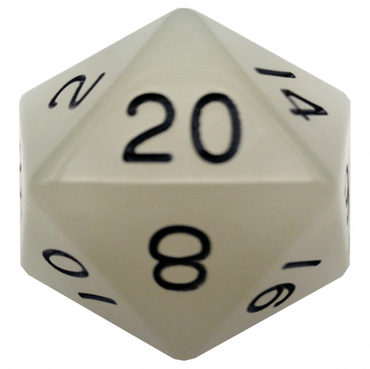 35mm Mega Acrylic d20 Dice: Glow Clear with Black Numbers