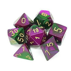 Chessex Dice Sets: Green-Purple/Gold Gemini Polyhedral 7-Die Set-1