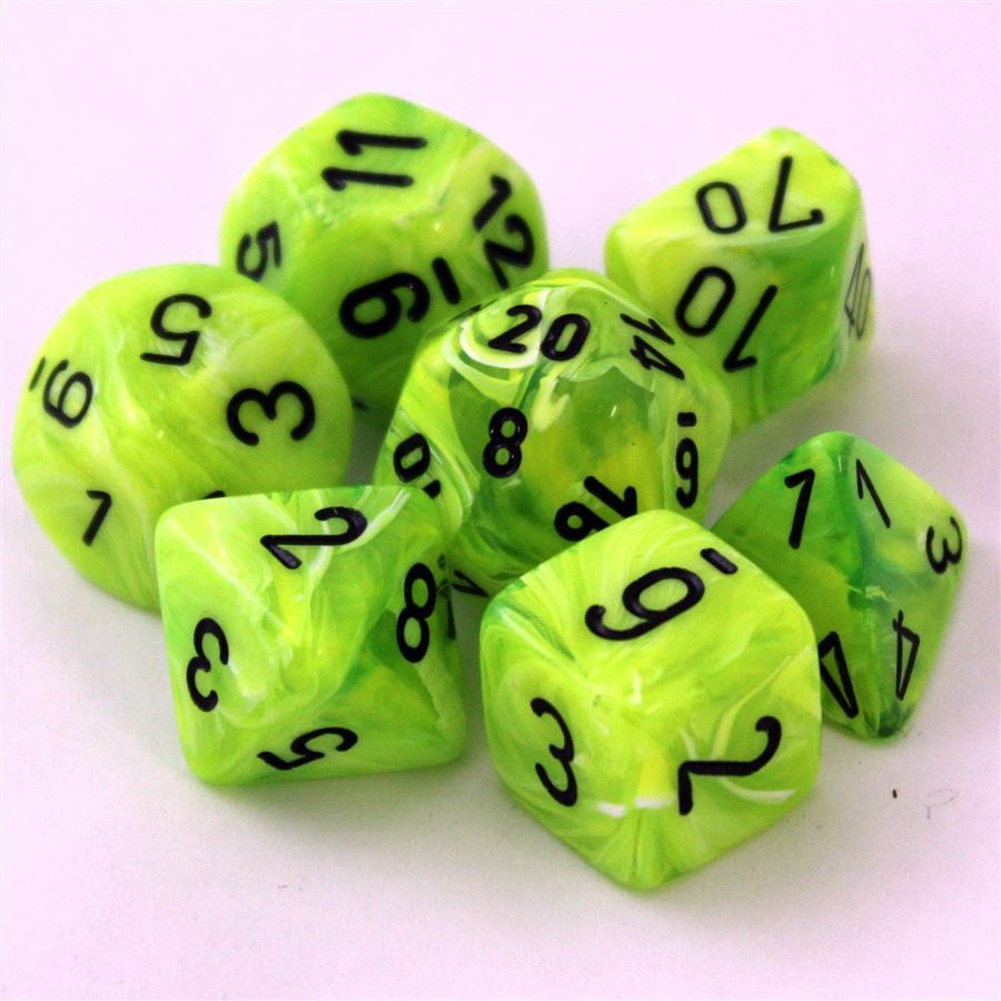 Chessex Dice Sets: Vortex Bright Green w/Black Polyhedral 7-Die Set-1