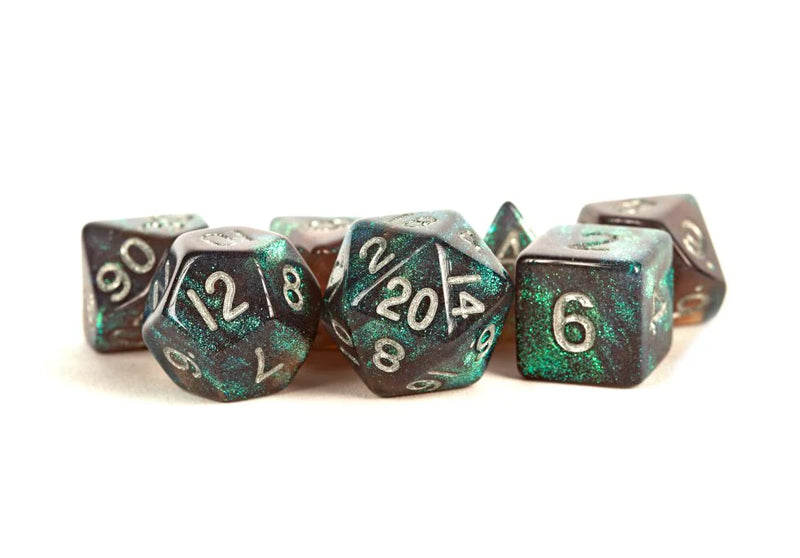 MDG 16mm Acrylic Poly Dice Set: Stardust : Gray w/ Silver Numbers-1