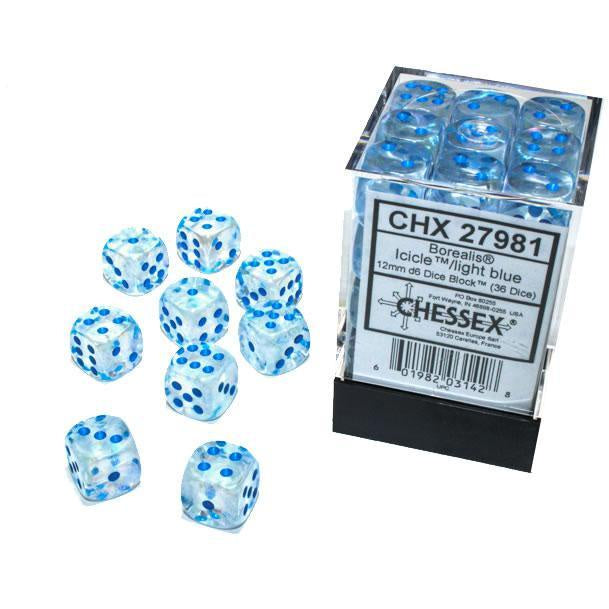 CHX 27981 Borealis 12mm D6 Icicle / Light Blue Luminary Dice (36)