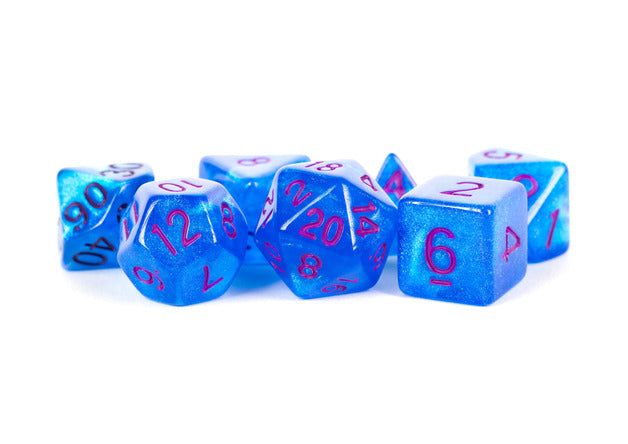 MDG 16mm Acrylic Poly Dice Set: Stardust Blue w/ Purple Numbers-1