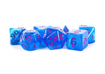 MDG 16mm Acrylic Poly Dice Set: Stardust Blue w/ Purple Numbers
