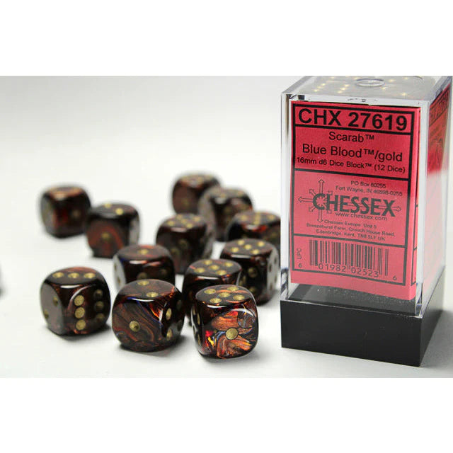Chessex Dice Sets: Blue Blood/Gold Scarab 16mm d6 (12)-1