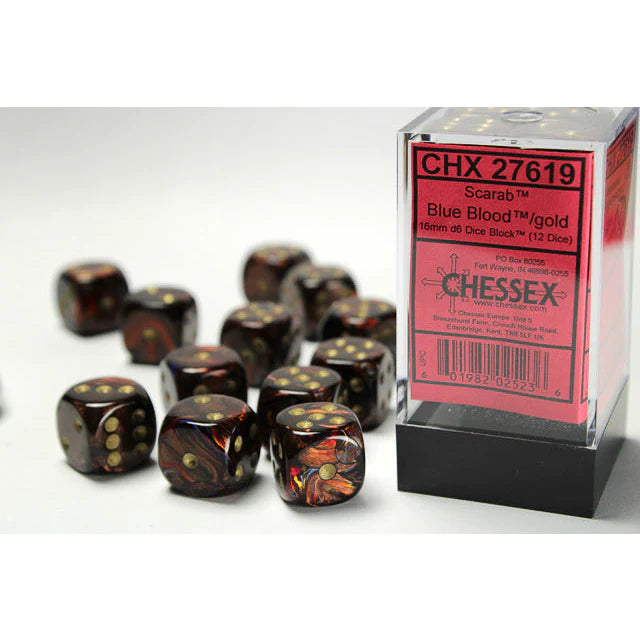 Chessex Dice Sets: Blue Blood/Gold Scarab 16mm d6 (12)