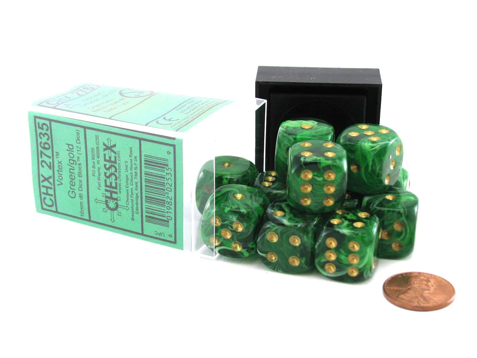 Chessex 27635: Green/Gold Vortex 16mm d6 (12)