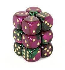 Chessex Dice Sets: Green-Purple/Gold Gemini 16mm d6 (12)-1