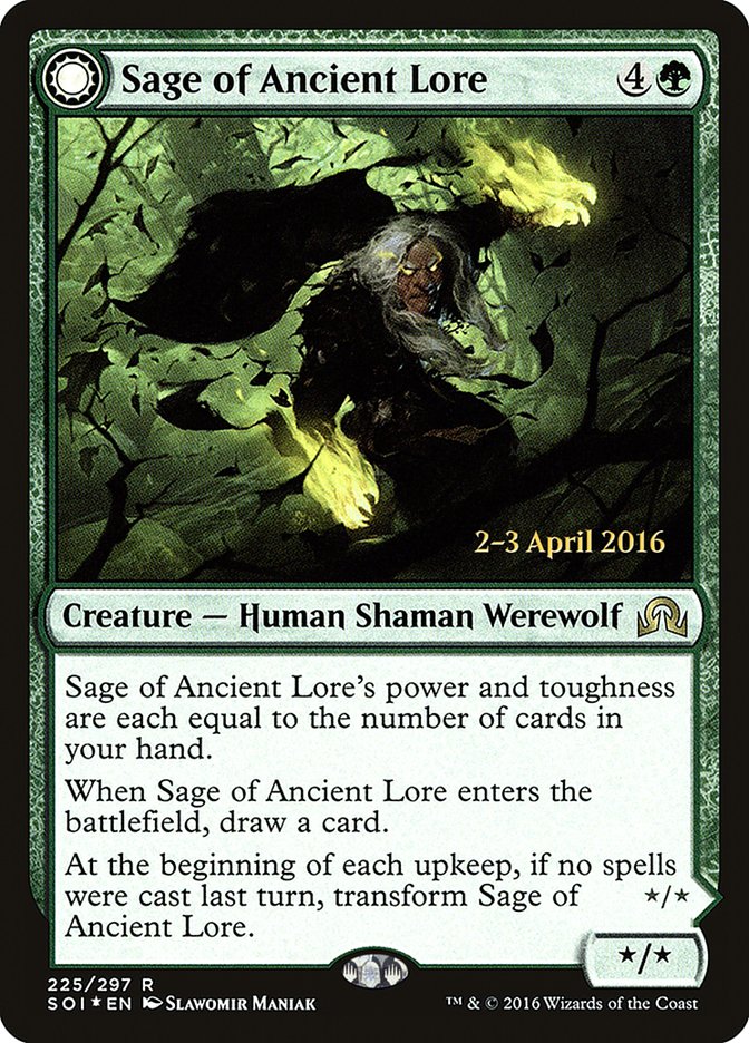 Sage of Ancient Lore // Werewolf of Ancient Hunger [Shadows over Innistrad Prerelease Promos]-1