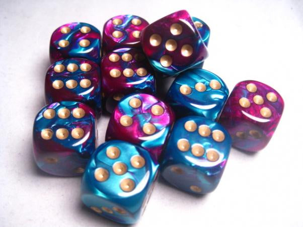 Chessex Dice Sets: Gemini # 5 16mm d6 Purple-Teal/Gold (12)-1