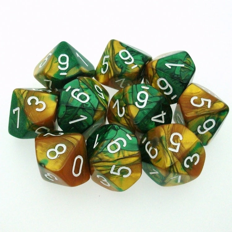 CHX 26225 Gemini Polyhedral Gold-Green/White Set of Ten d10s-1
