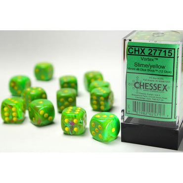 Chessex 27715: Vortex 16mm d6 Slime/yellow Dice Block (12)
