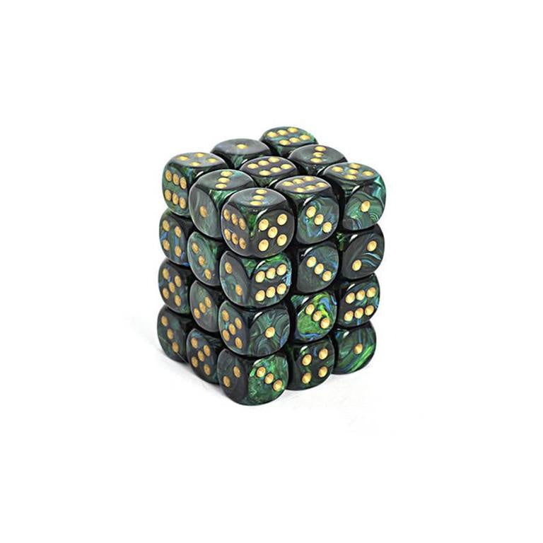 Chessex Dice Sets: Jade/Gold Scarab 12mm d6 (36)-1