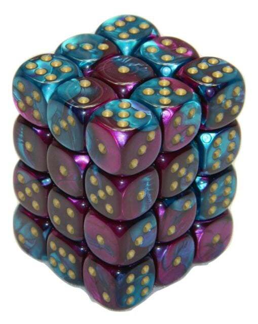 Chessex Dice Sets: Gemini # 5 12mm d6 Purple-Teal/Gold (36)-1