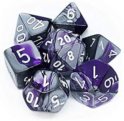 Chessex Dice Sets: Purple-Steel/White Gemini Polyhedral 7-Die Set