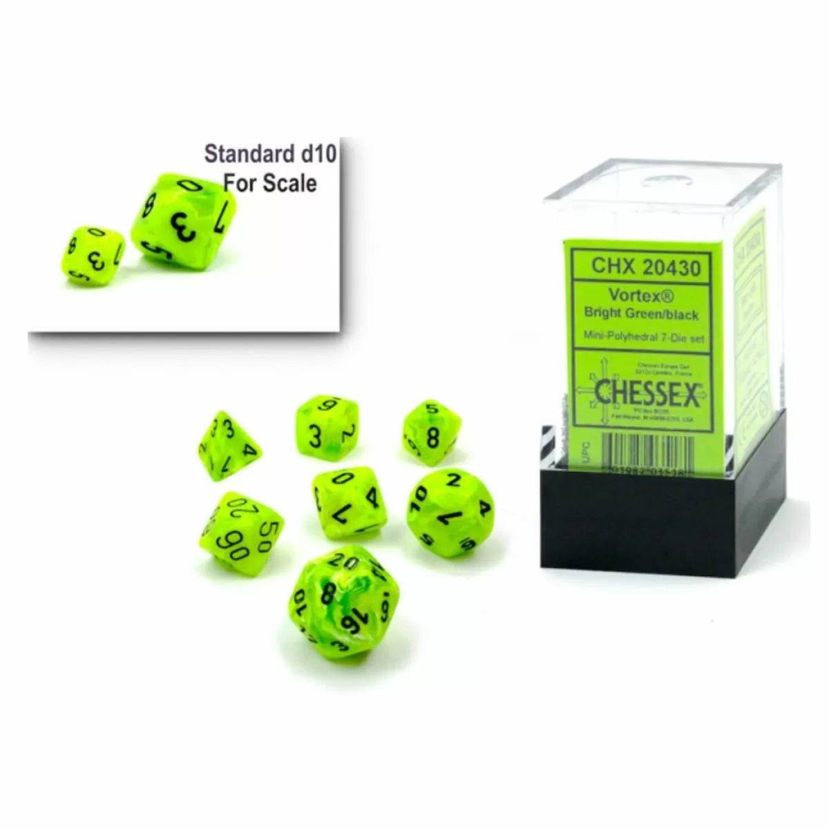 Chessex Dice Sets: Vortex® Mini-Polyhedral Bright Green/black 7-Die Set-1
