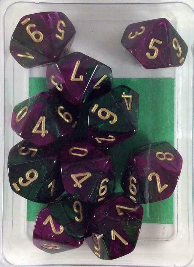 CHX 26234 Gemini Polyhedral Green-Purple/Gold Set of Ten d10s-1