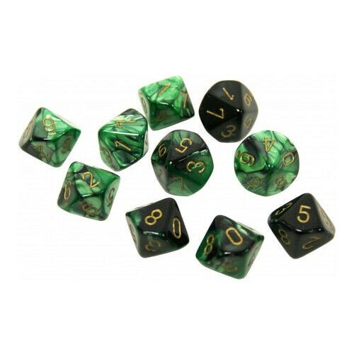 CHX 26239 Gemini Polyhedral Black-Green/Gold Set of Ten d10s-1